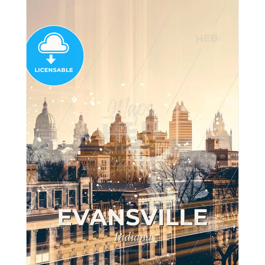 Evansville Architecture Symphony on Beige - A city skyline with many buildings - Square format print template