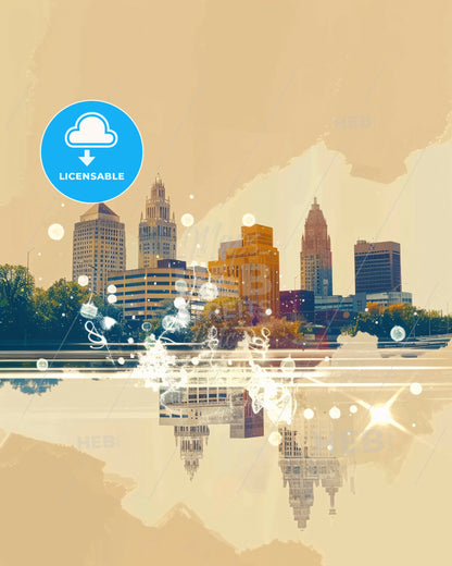 Evansville City Skyline Double Exposure Composite Art - A city skyline with trees and lights