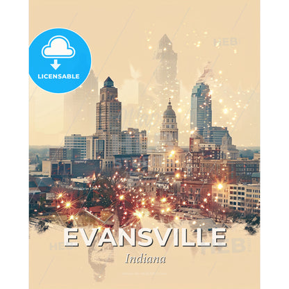 Evansville City Skyline Art Poster - A city with many buildings and fireworks - Square format print template