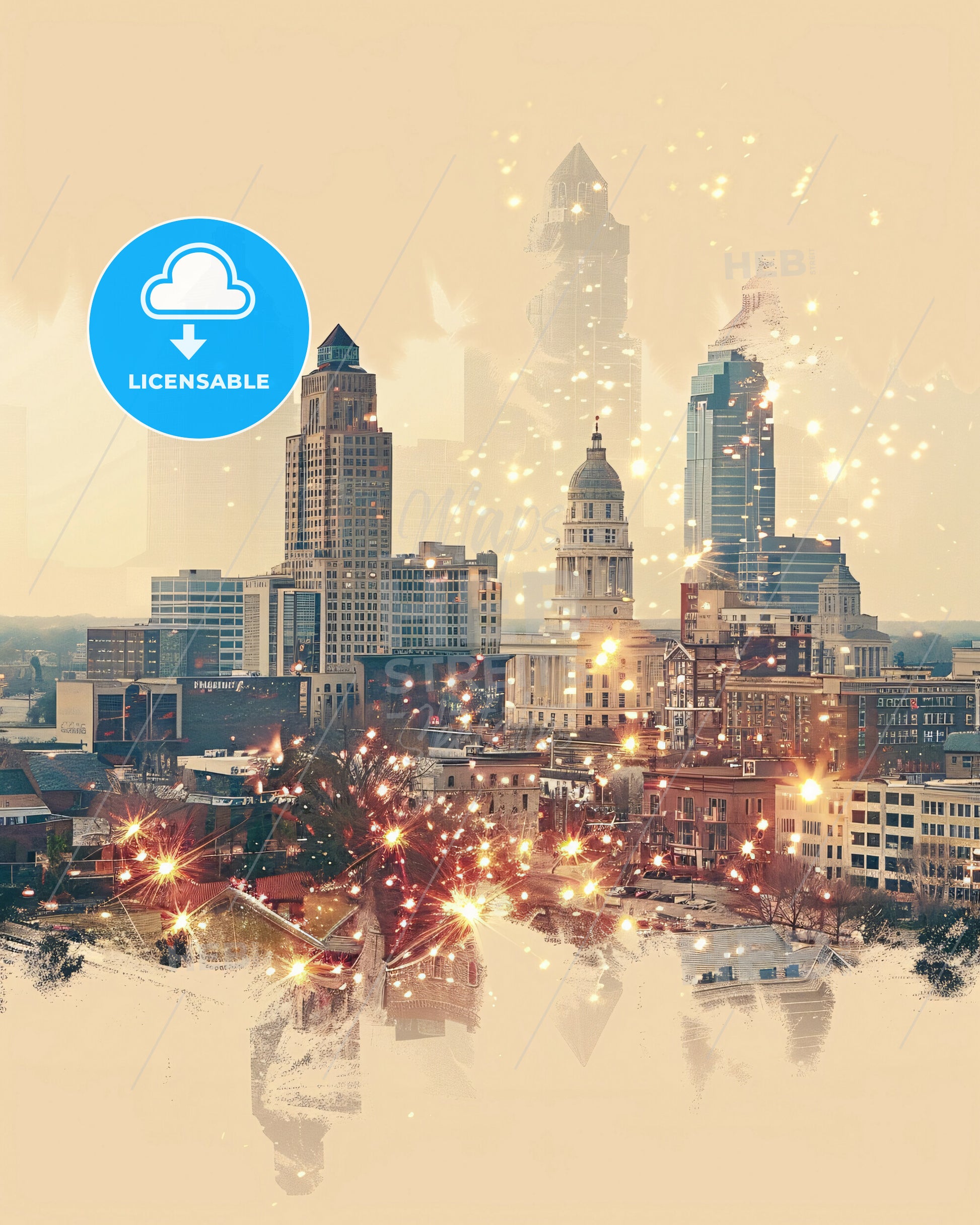 Evansville City Skyline Art Poster - A city with many buildings and fireworks