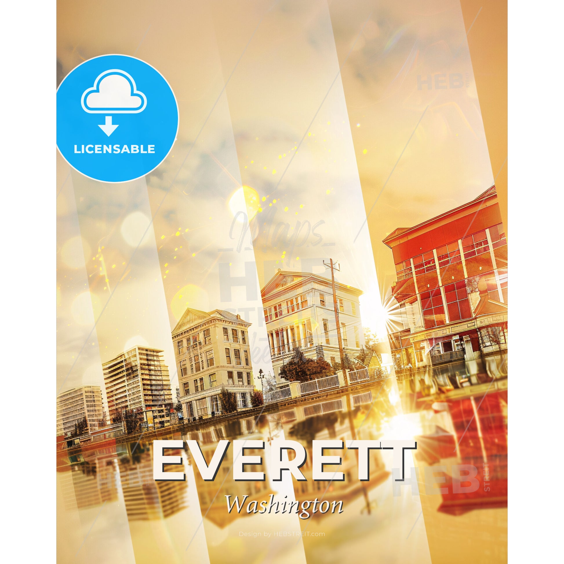 Everett Skyline Splendor: Local Landmarks in Art - A city skyline with buildings and water - Square format print template