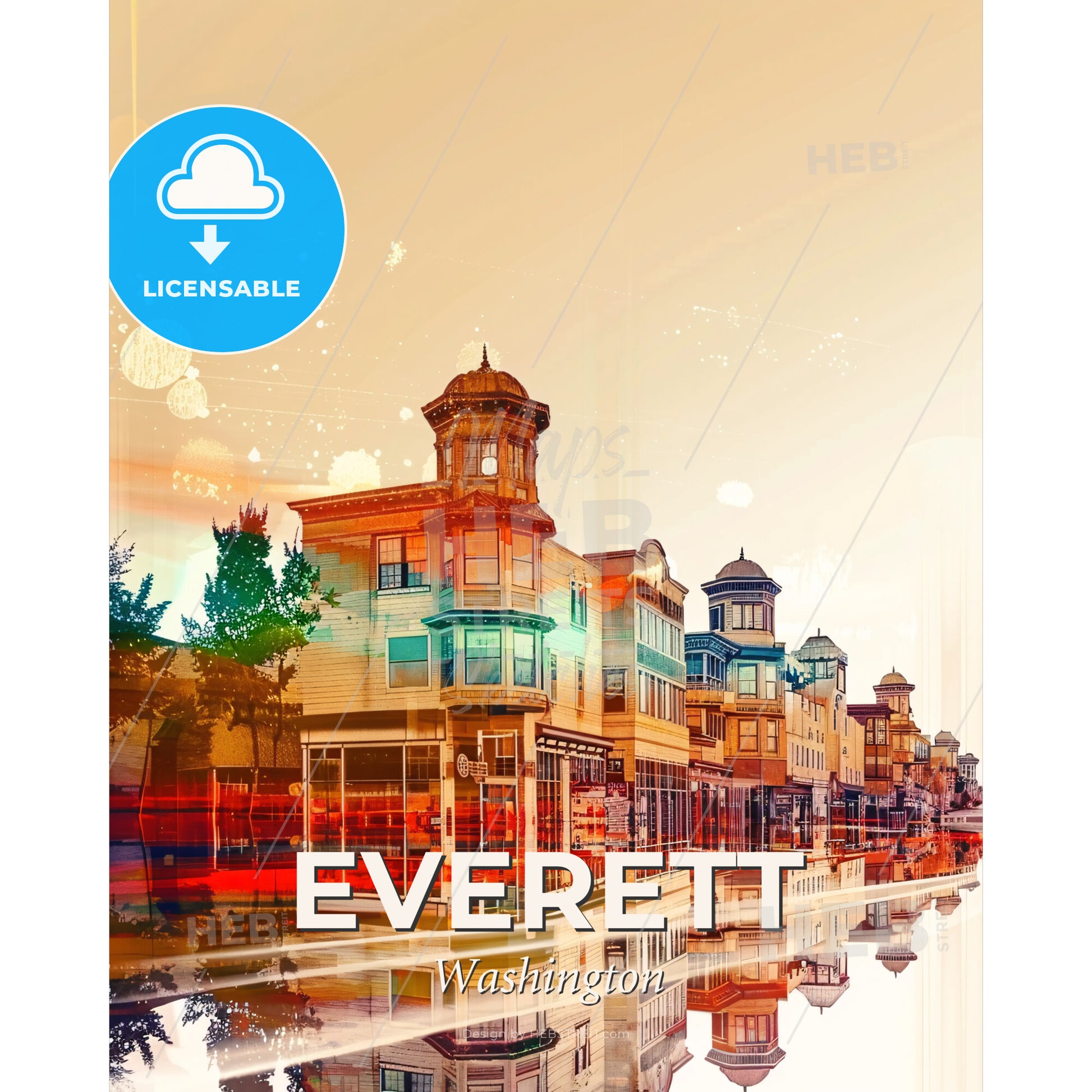 Everett Skyline Cityscape Double Exposure Poster - A row of buildings with a reflection of the sun - Square format print template
