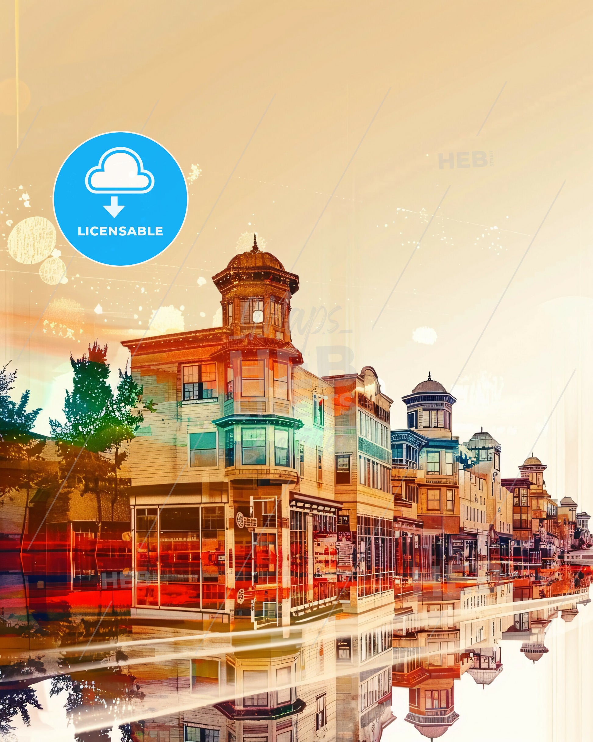 Everett Skyline Cityscape Double Exposure Poster - A row of buildings with a reflection of the sun