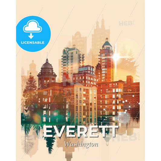 Everett Moonlight Glow City Skyline Poster - A city with many buildings and trees - Square format print template