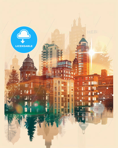 Everett Moonlight Glow City Skyline Poster - A city with many buildings and trees