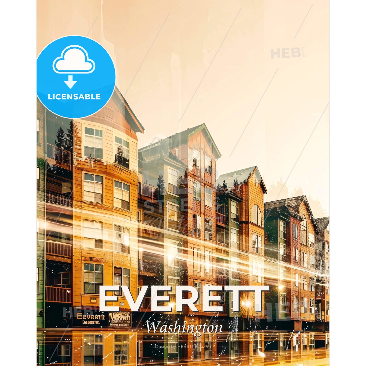 Everett City Skyline Double Exposure Poster - A row of multistory apartment buildings - Square format print template
