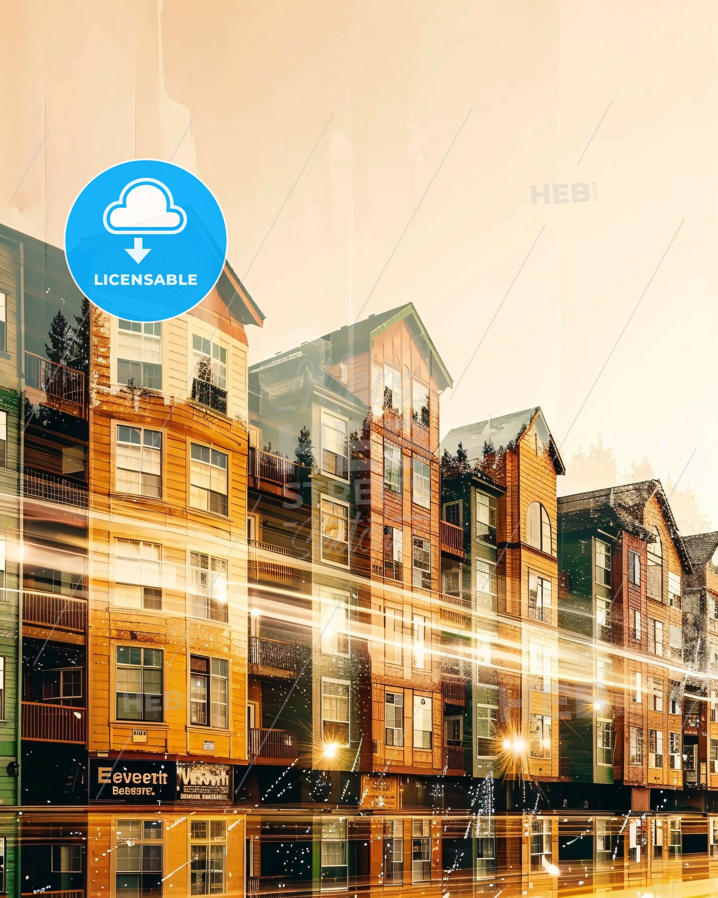 Everett City Skyline Double Exposure Poster - A row of multistory apartment buildings