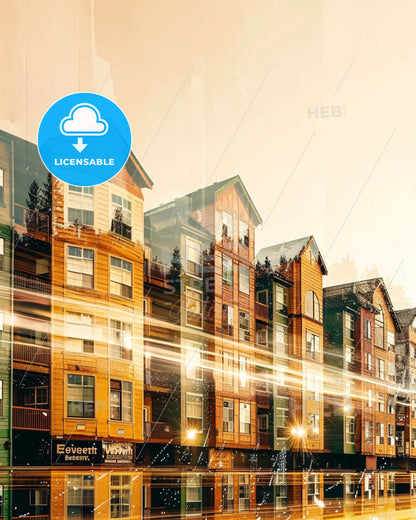 Everett City Skyline Double Exposure Poster - A row of multistory apartment buildings
