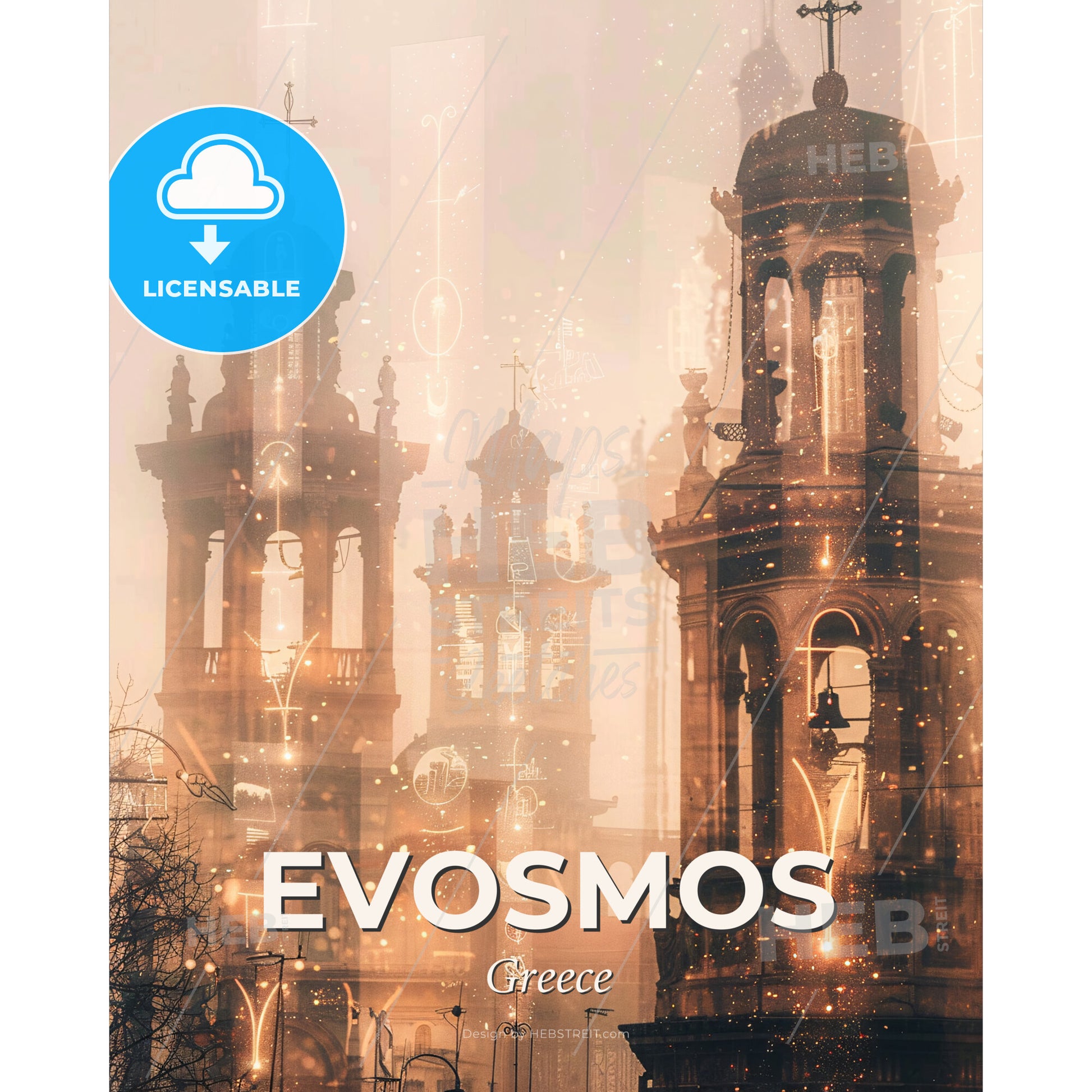 Evosmos Skyline Double Exposure Art Silhouettes - A group of buildings with lights - Square format print template