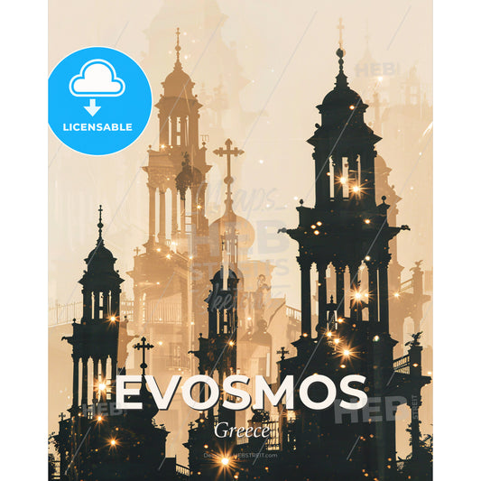 Evosmos, Greece Skyline Double Exposure Composite Artwork - A silhouette of a building with many towers - Square format print template