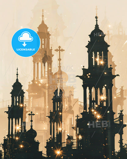 Evosmos, Greece Skyline Double Exposure Composite Artwork - A silhouette of a building with many towers