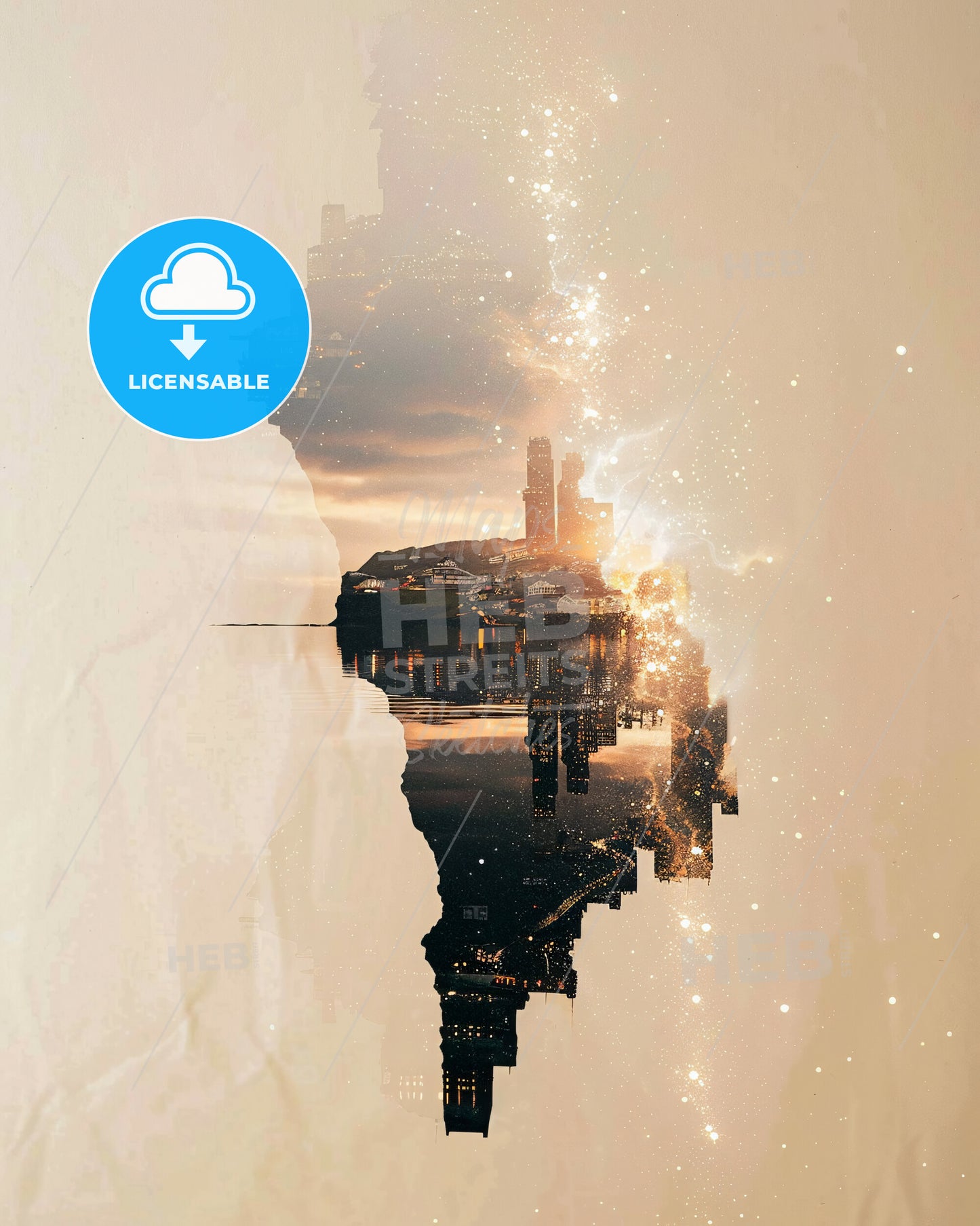 Eysturoy Skyline: Double Exposure Art with Sparkles - A city with lights reflected in water