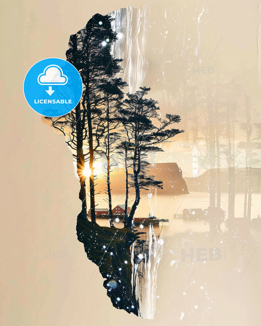 Eysturoy, Denmark: Double Exposure Skyline Art - A tree on a cliff