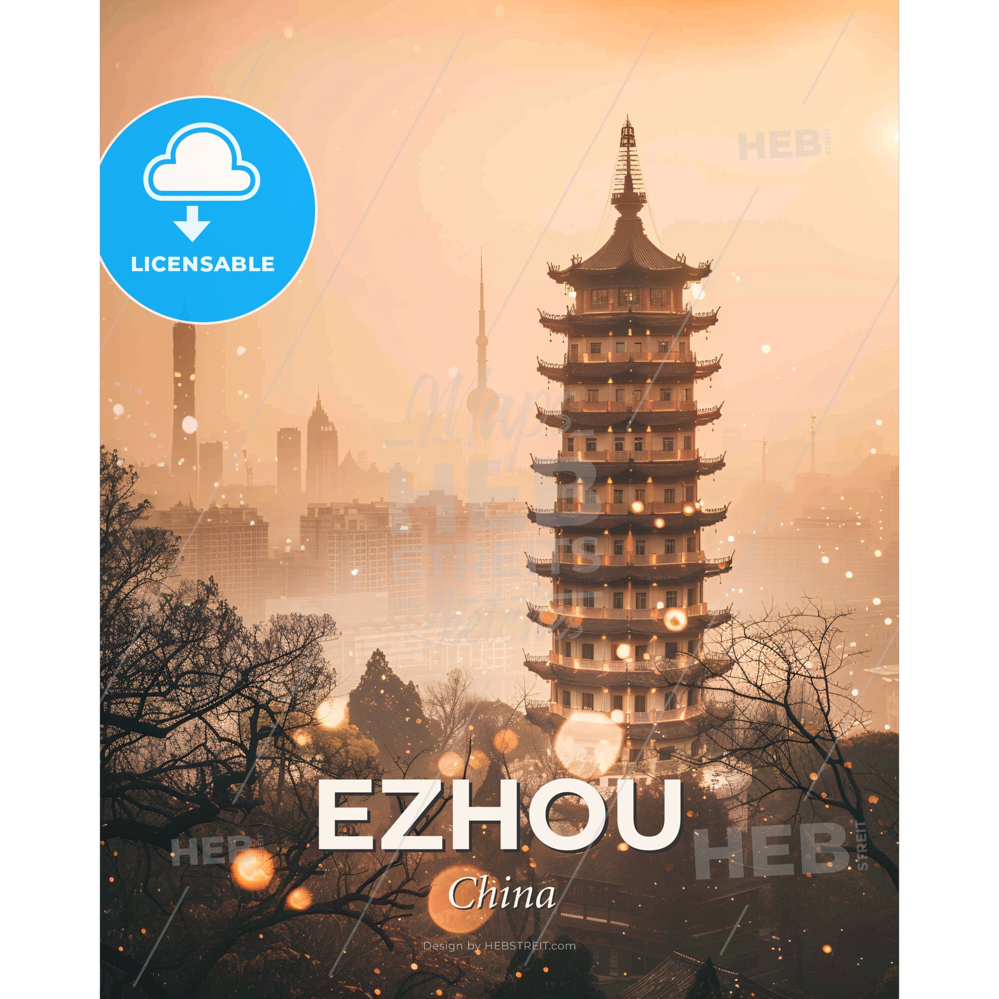 Ezhou City Skyline Composite Artwork Poster - A tall building with trees and a city in the background - Square format print template