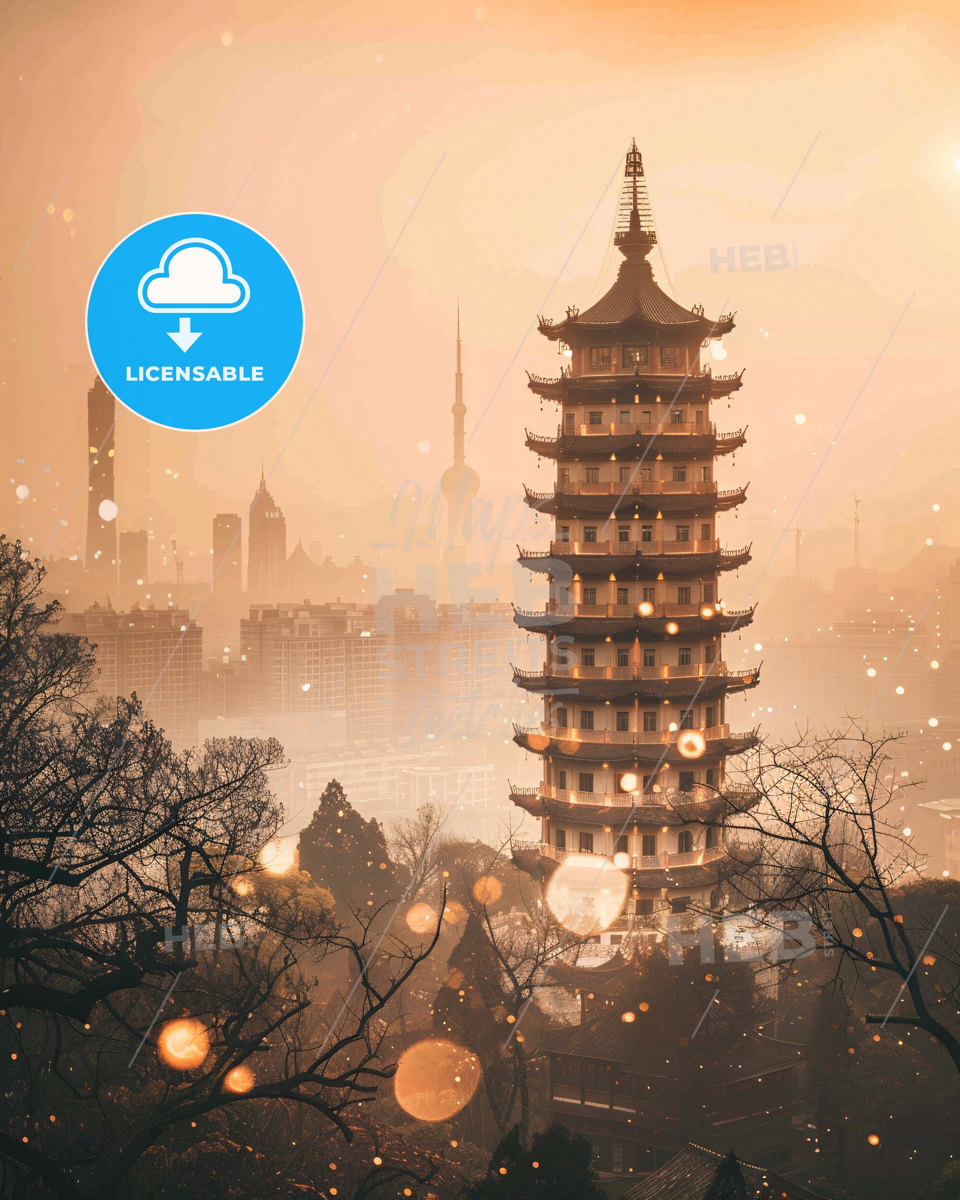 Ezhou City Skyline Composite Artwork Poster - A tall building with trees and a city in the background