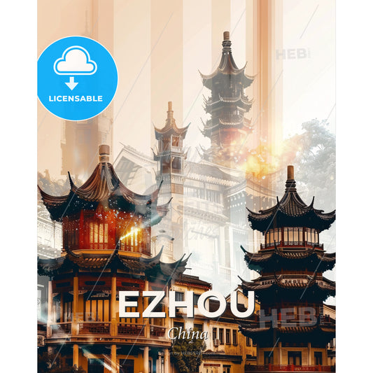 Ezhou Skyline Iconography Composite Poster Art - A building with a tall tower - Square format print template