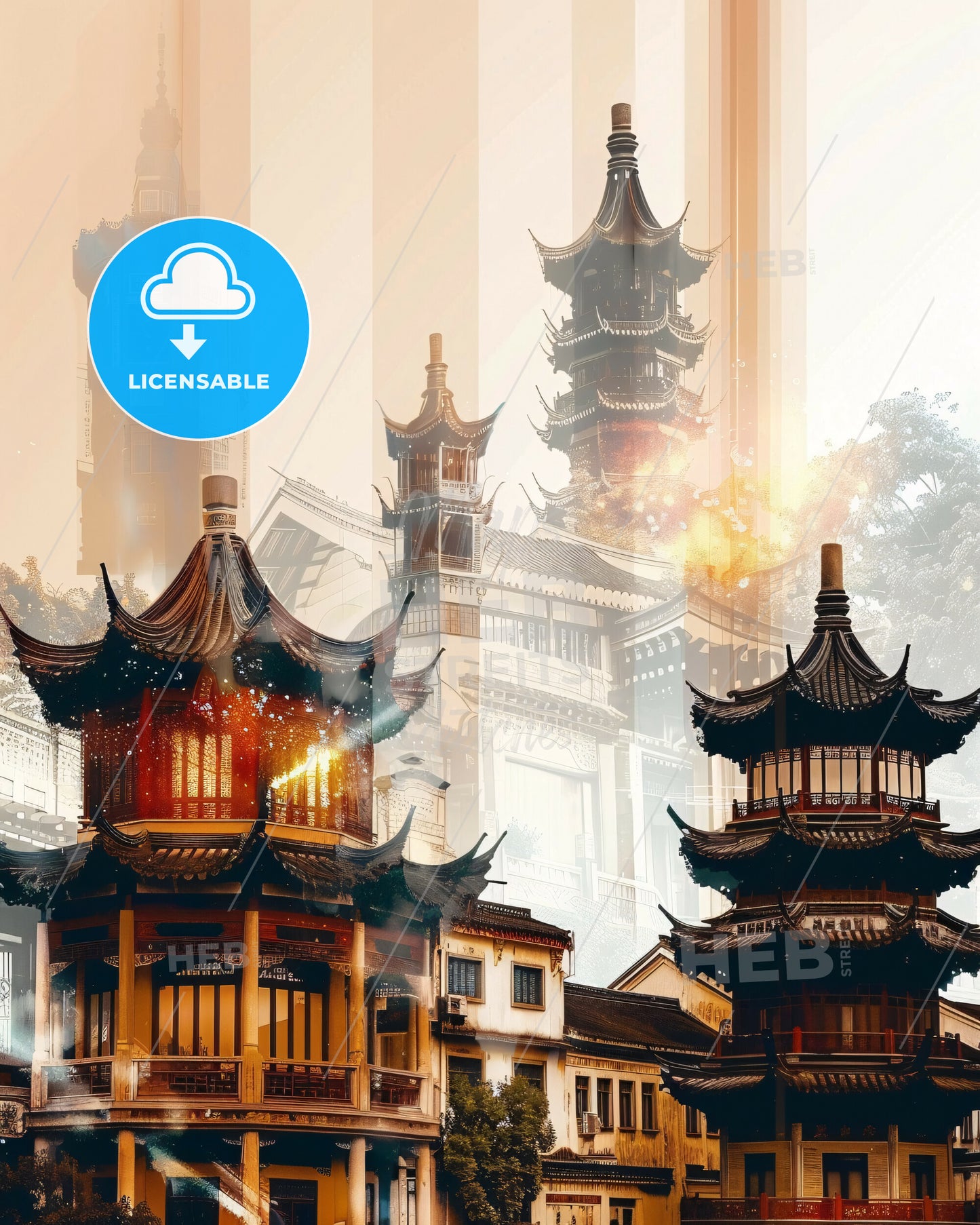 Ezhou Skyline Iconography Composite Poster Art - A building with a tall tower