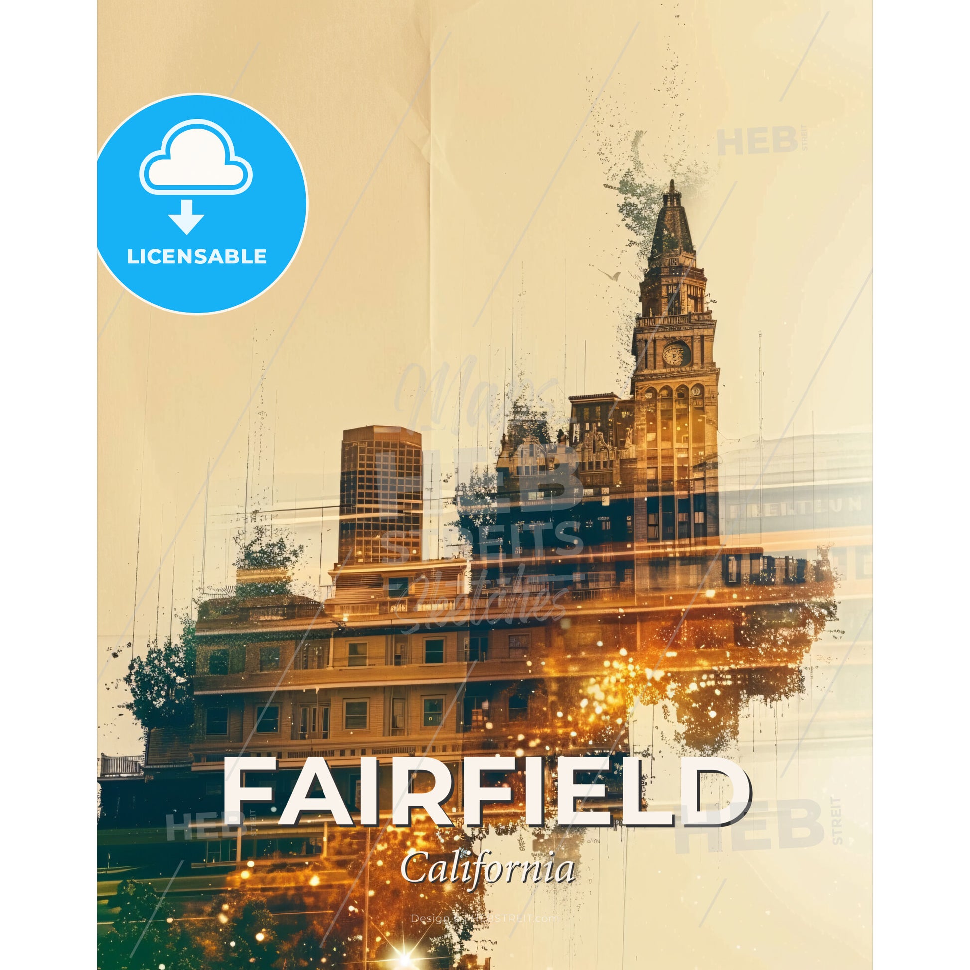 Fairfield City Skyline Night Art Print - A city skyline with a clock tower - Square format print template