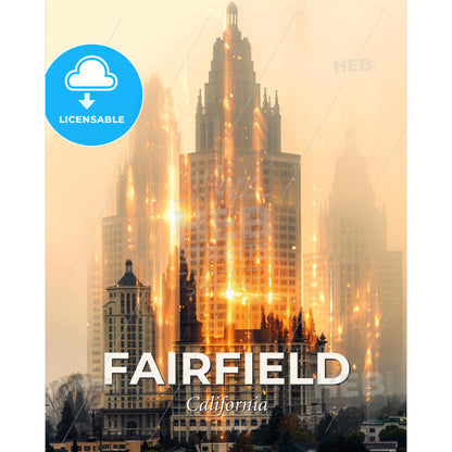 Fairfield City Skyline Composite Poster - A large building with firework exploding in the air - Square format print template