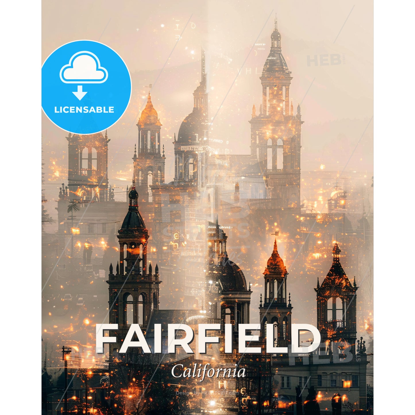 Fairfield Cityscape Symphony in Beige - A large building with towers and spires - Square format print template
