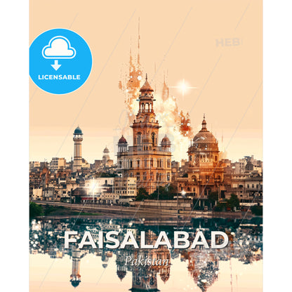 Faisalabad Skyline Composite Poster Art - A large building with towers and a fire in the background - Square format print template