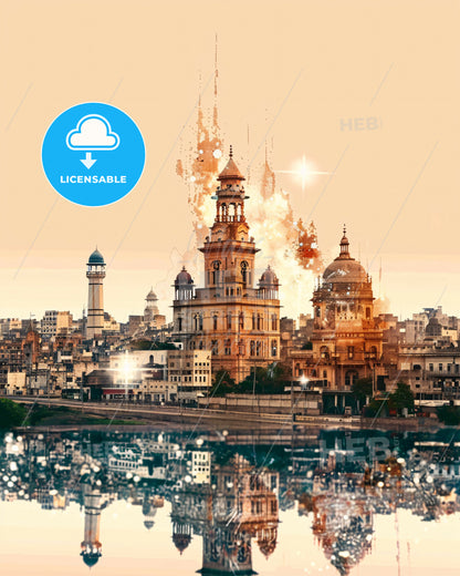 Faisalabad Skyline Composite Poster Art - A large building with towers and a fire in the background