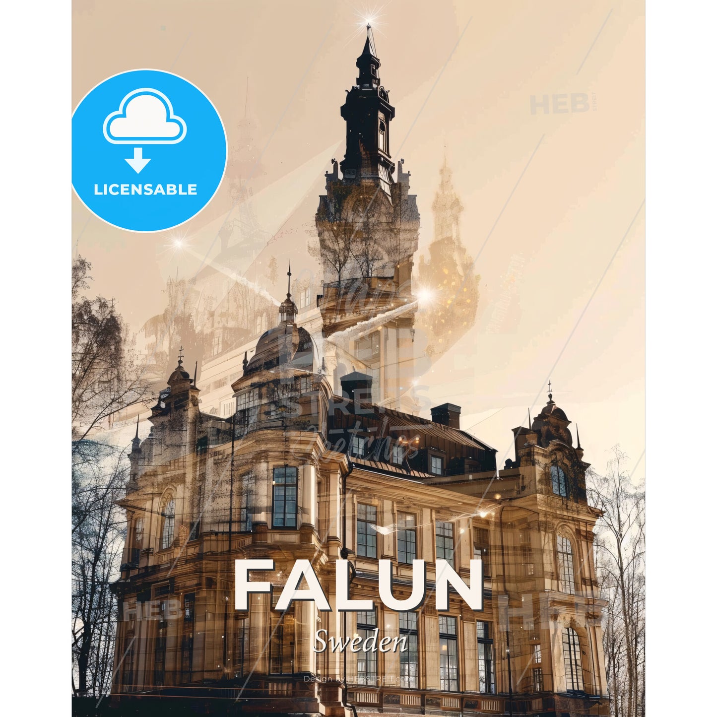 Falun City Skyline Composite Art Poster - A double exposure of a building - Square format print template