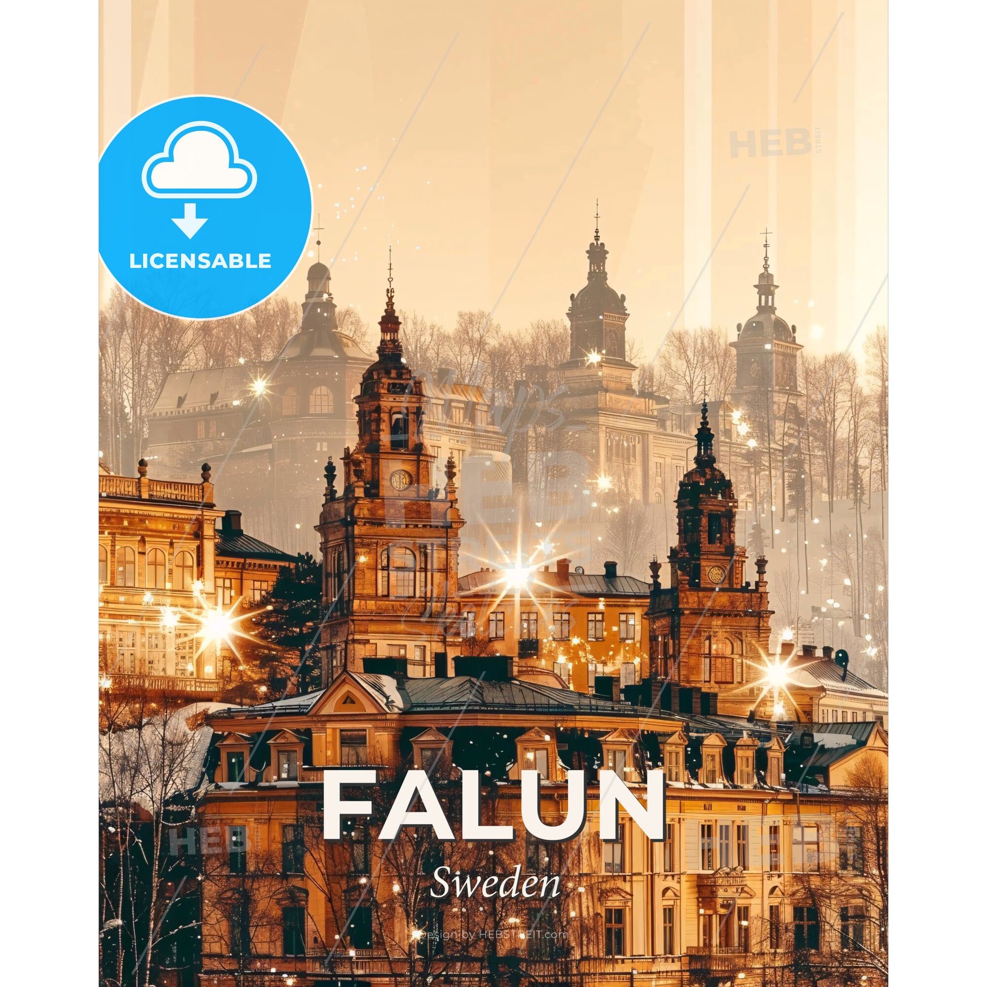 Falun Skyline Double Exposure Composite Art Poster - A large building with many windows and a tower - Square format print template
