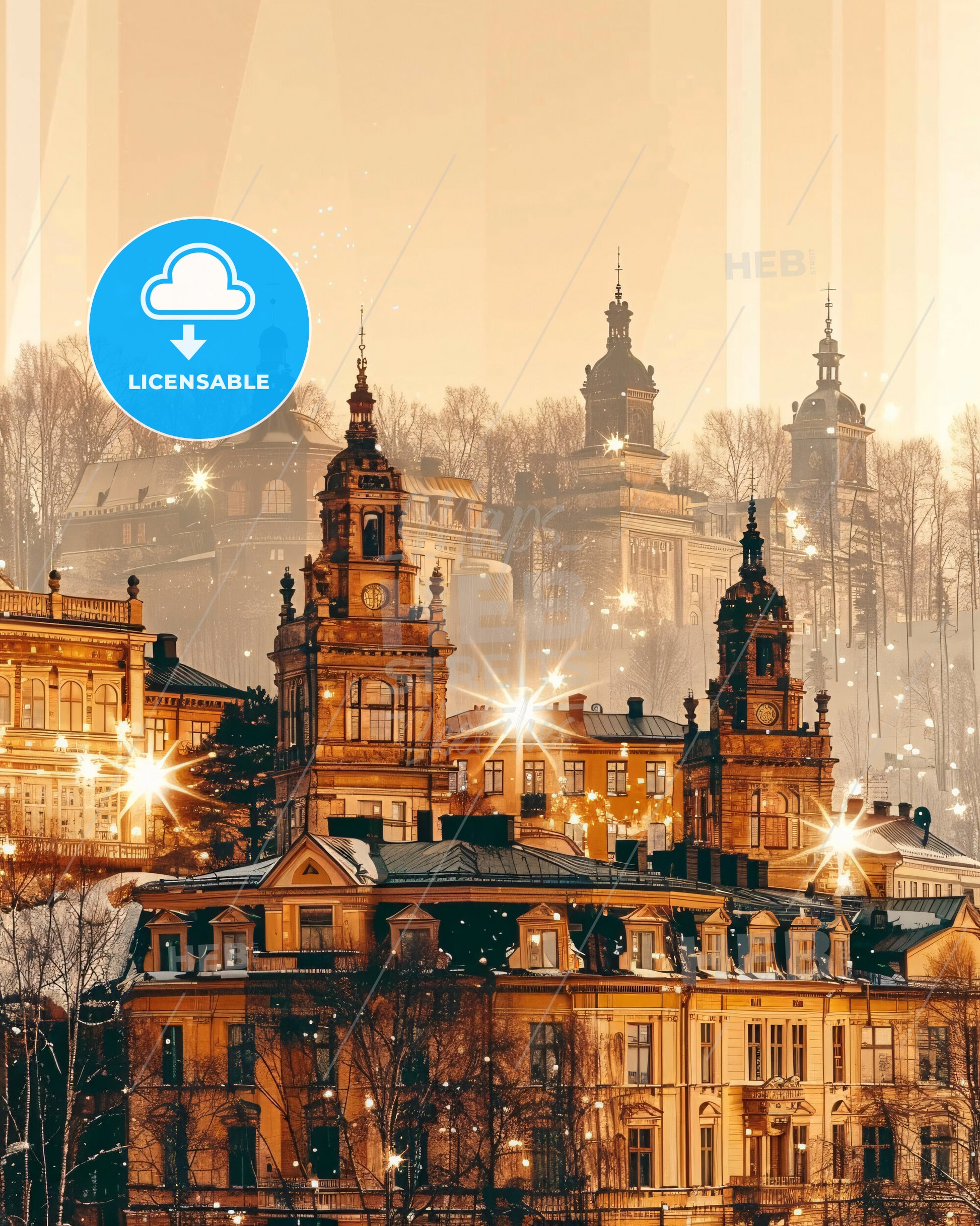 Falun Skyline Double Exposure Composite Art Poster - A large building with many windows and a tower