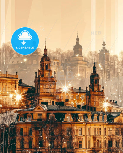 Falun Skyline Double Exposure Composite Art Poster - A large building with many windows and a tower