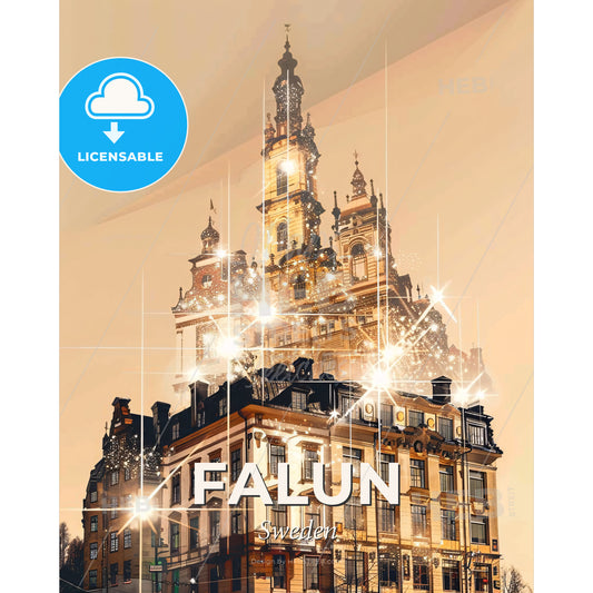 Falun Skyline Double Exposure Art Poster - A building with a tower and lights - Square format print template