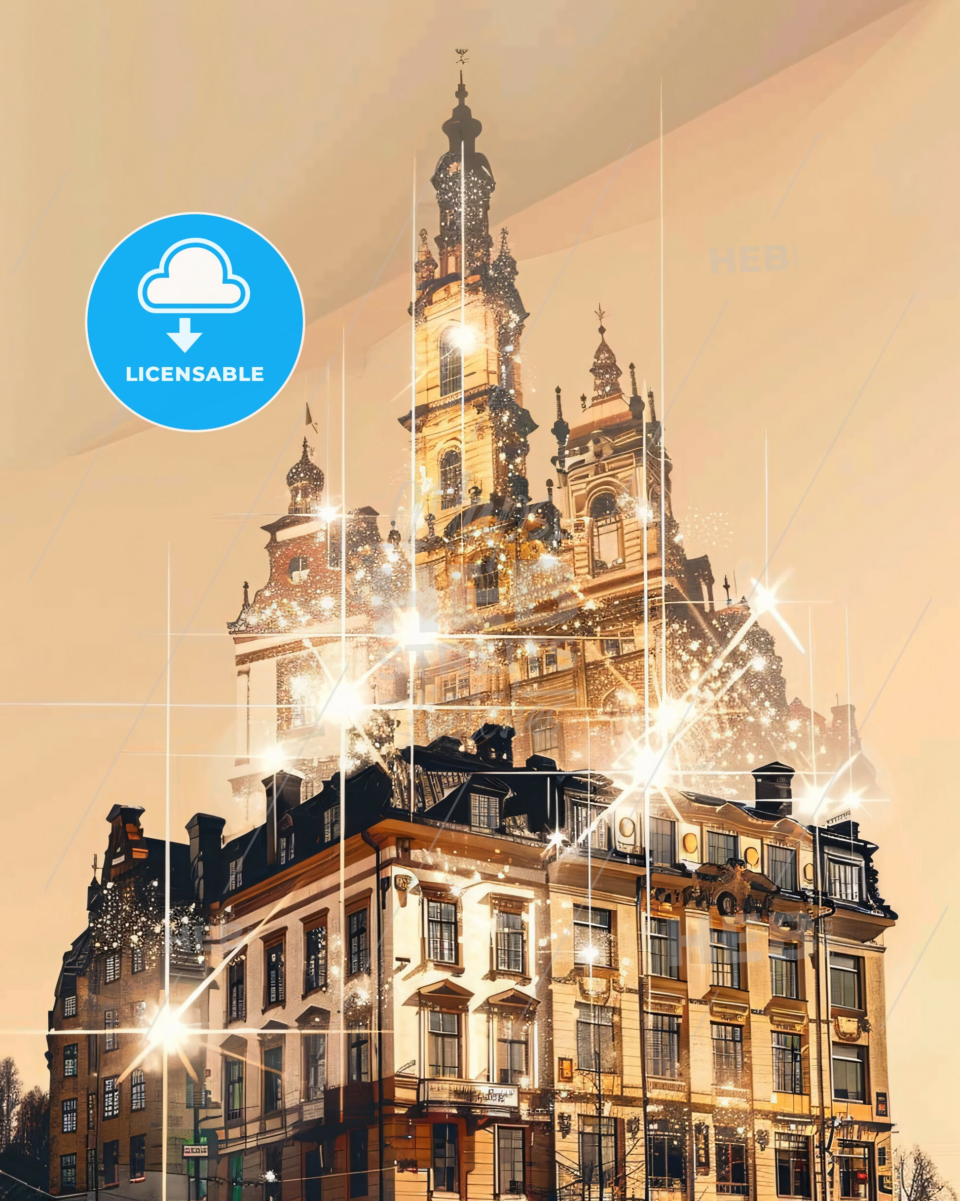 Falun Skyline Double Exposure Art Poster - A building with a tower and lights