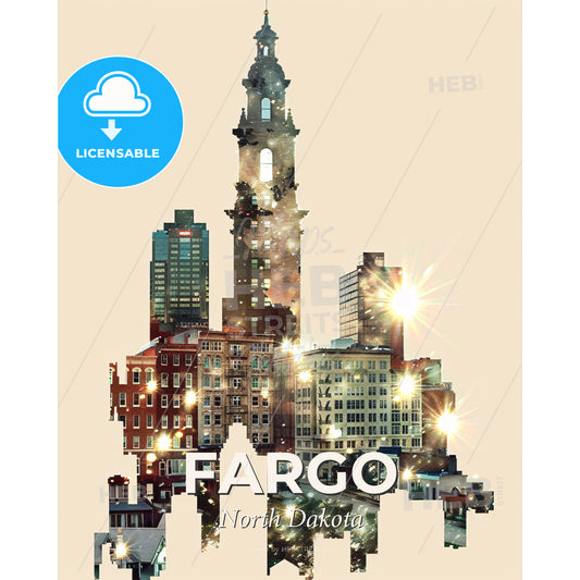 Fargo Cityscape Double Exposure Art Poster - A city skyline with many buildings - Square format print template