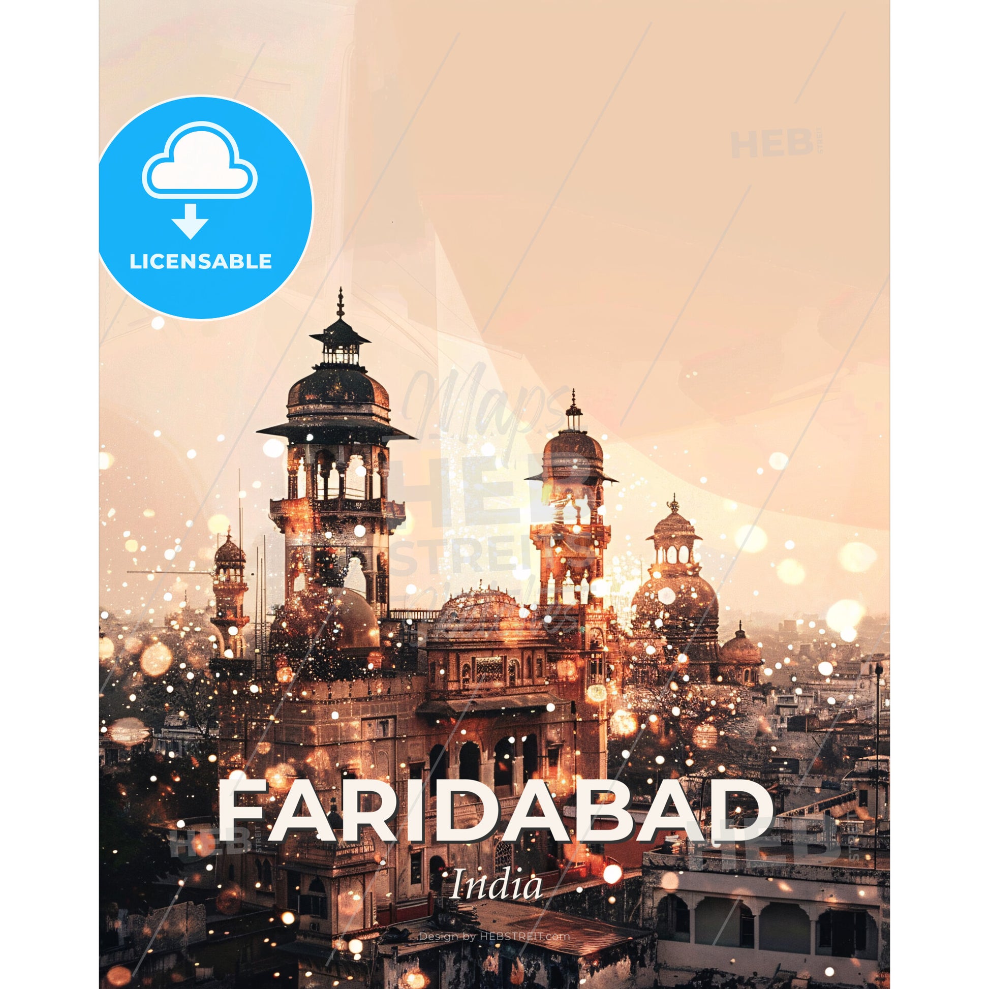 Faridabad Skyline Double Exposure Cityscape Sparkle - A large building with towers and a city in the background - Square format print template