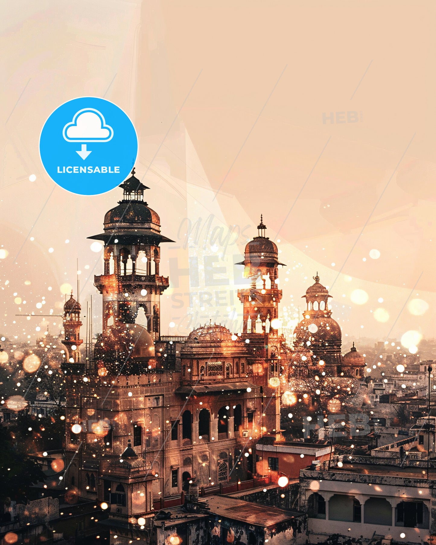 Faridabad Skyline Double Exposure Cityscape Sparkle - A large building with towers and a city in the background