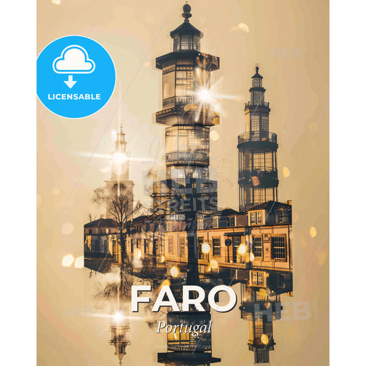 Faro, Portugal: Skyline Composite Art on Beige Paper - A building with many windows - Square format print template