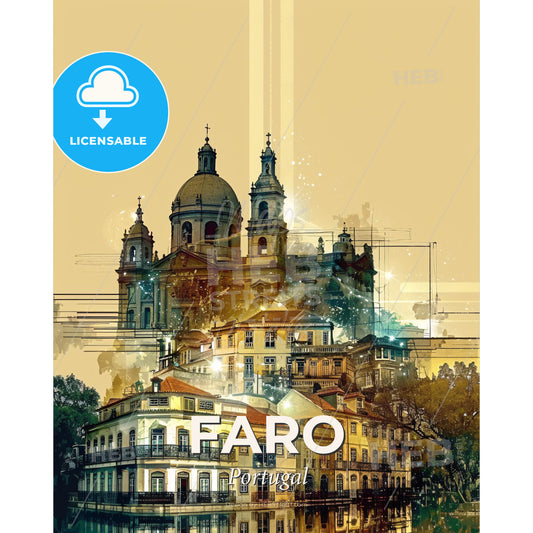 Faro Portugal City Skyline Artwork Poster Bright Colors - A building with a dome and a roof - Square format print template