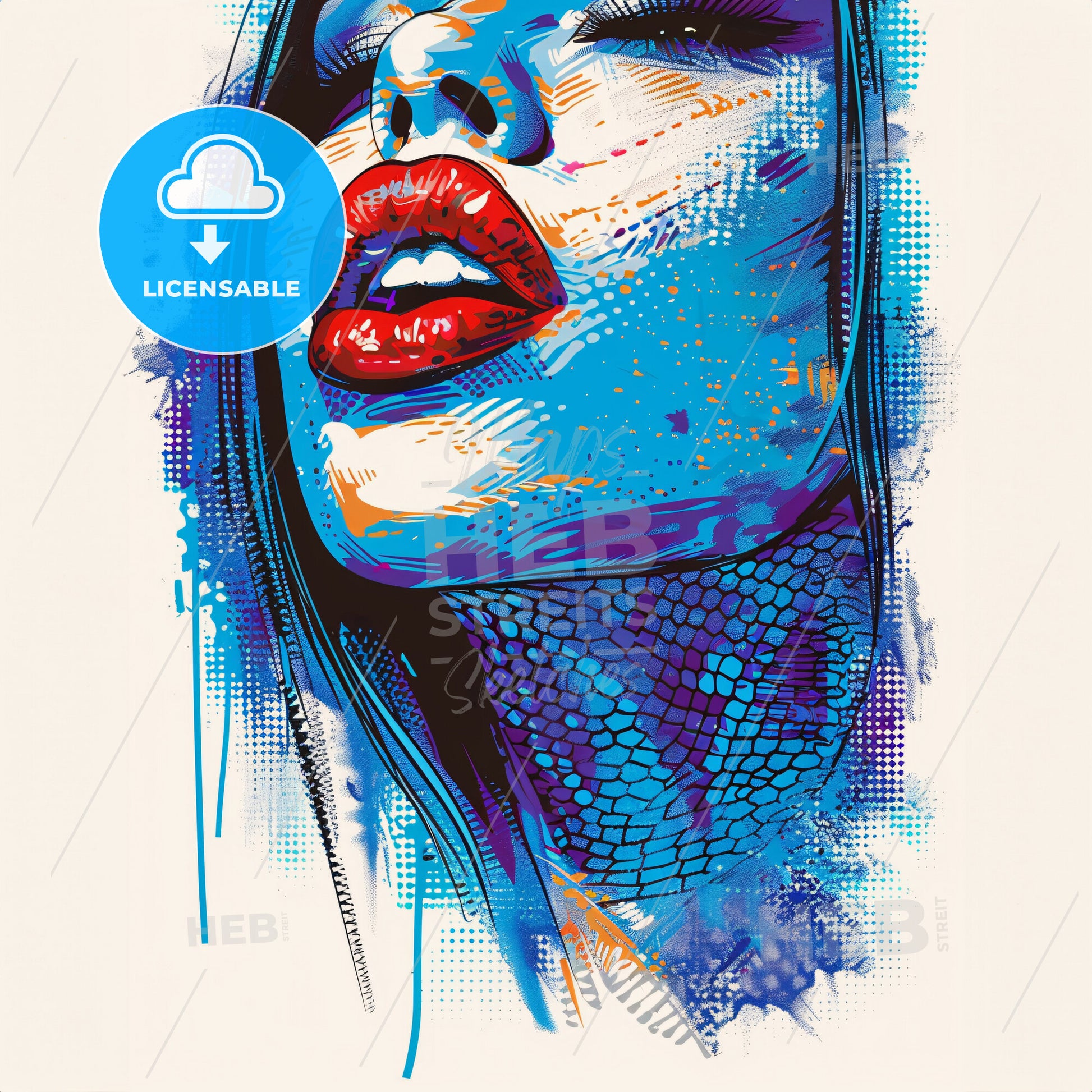 A Woman With Red Lips And Blue Snake Skin