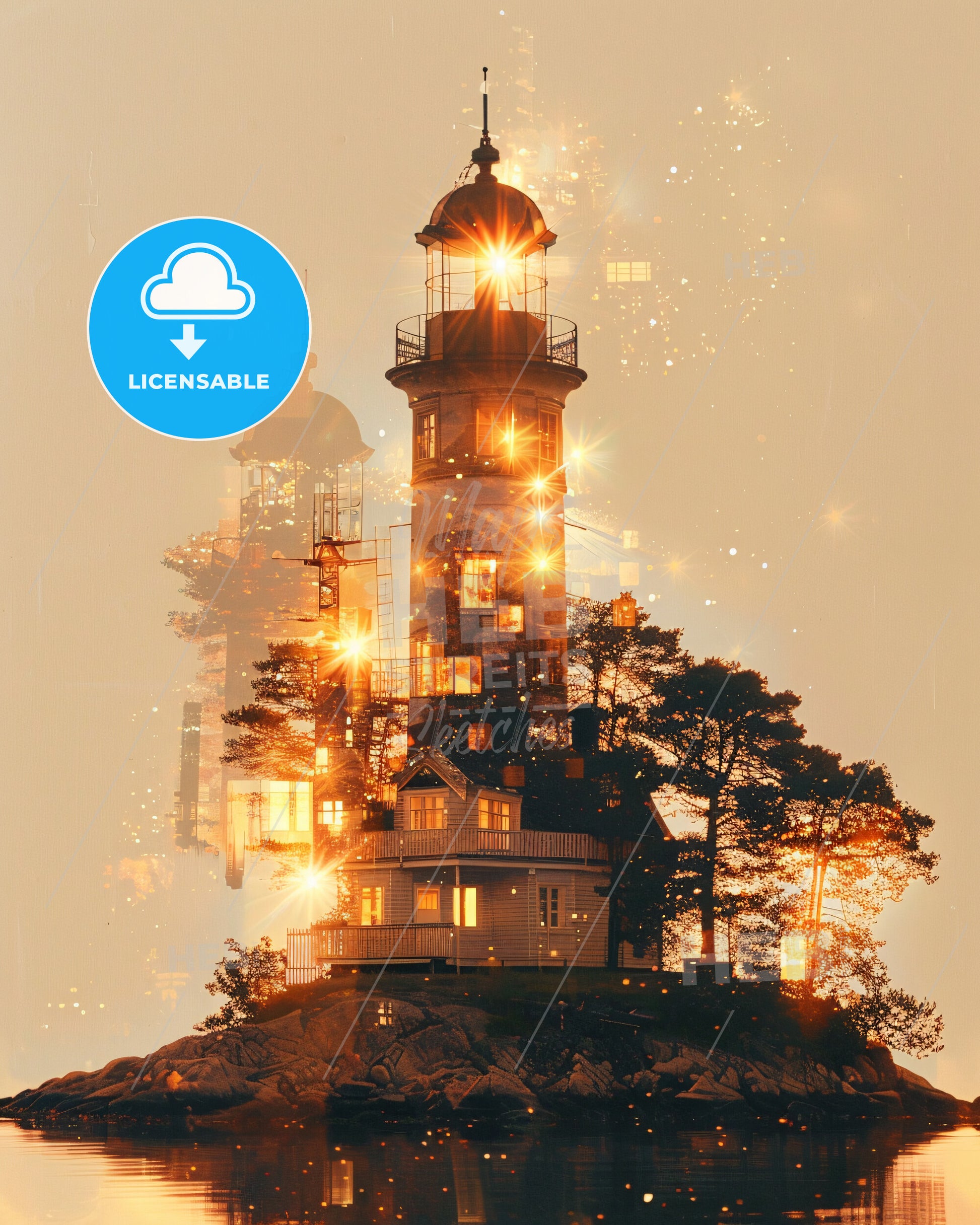 Åland Night Glow City Skyline Mini Poster - A lighthouse on a rock
