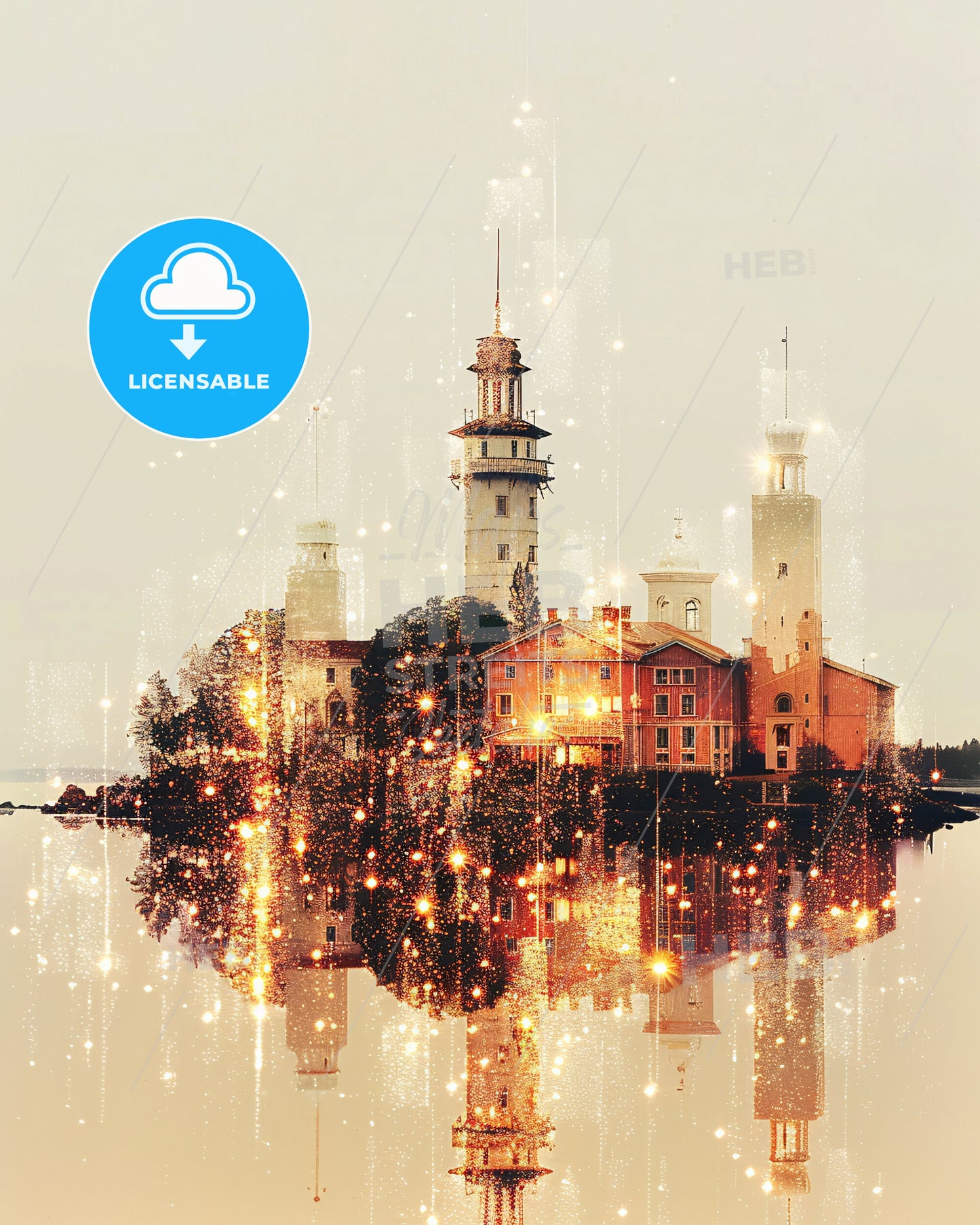 Fasta Åland Skyline Composite Art Poster - A building on an island with lights