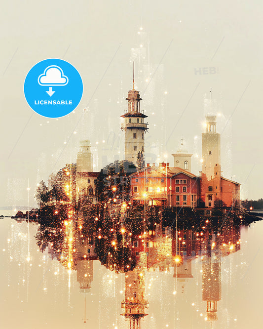Fasta Åland Skyline Composite Art Poster - A building on an island with lights