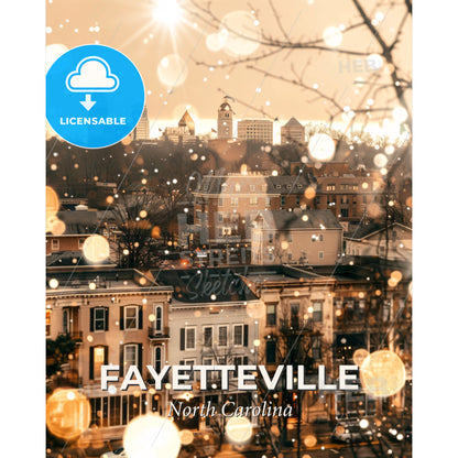 Fayetteville: Blending City and Icons on a Beige Canvas - A city with snow falling - Square format print template