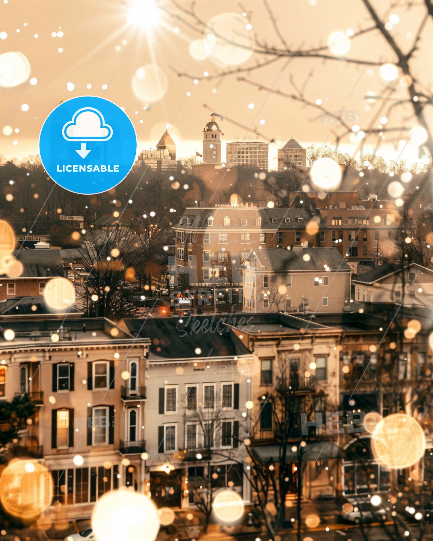 Fayetteville: Blending City and Icons on a Beige Canvas - A city with snow falling