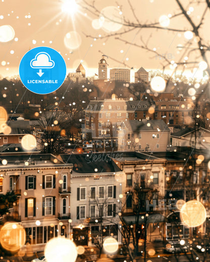 Fayetteville: Blending City and Icons on a Beige Canvas - A city with snow falling