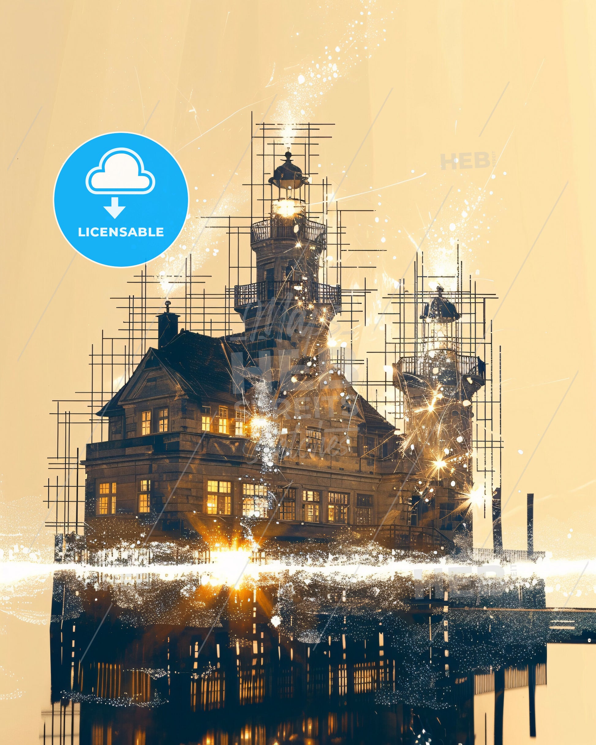 Fehmarn Skyline Night Composite Art Print - A building with a lighthouse