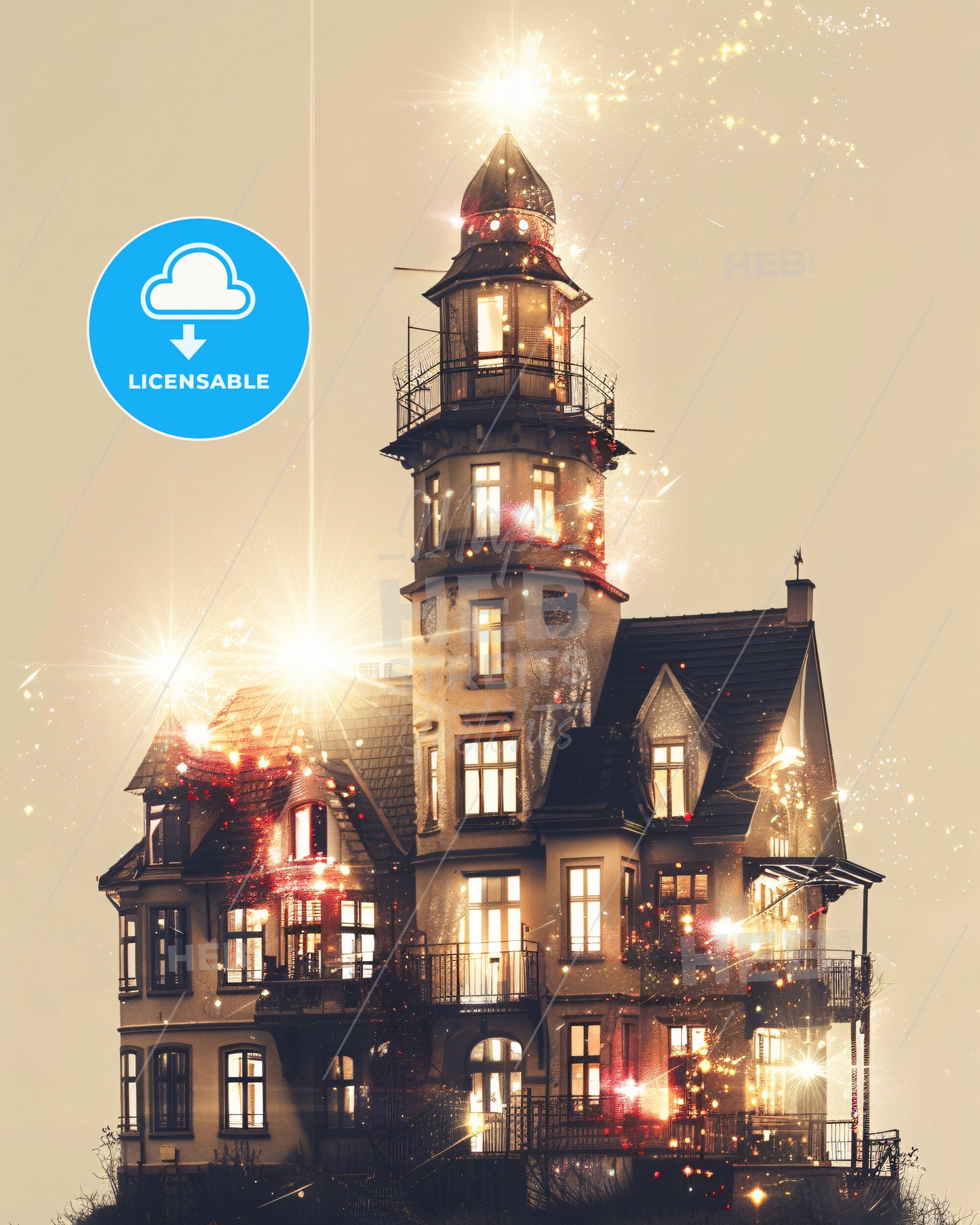 Fehmarn: Luminous Skyline Memories in Beige - A building with a tower and fireworks