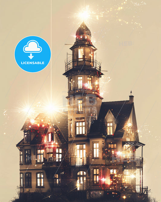 Fehmarn: Luminous Skyline Memories in Beige - A building with a tower and fireworks