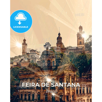Feira de Santana: Local Icons Meet City Skyline - A building with trees and sun rays - Square format print template