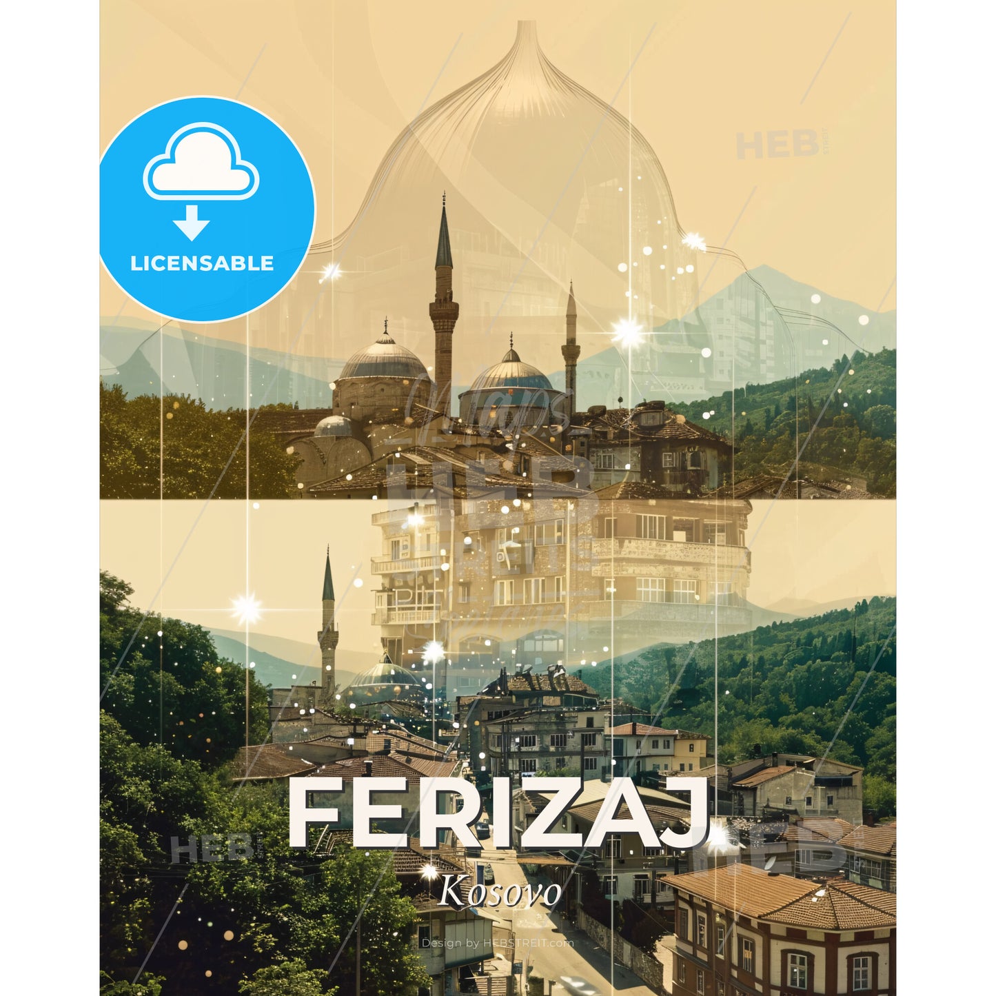 Ferizaj Uroševac Cityscape Skyline Double Exposure Art - A collage of buildings and trees - Square format print template