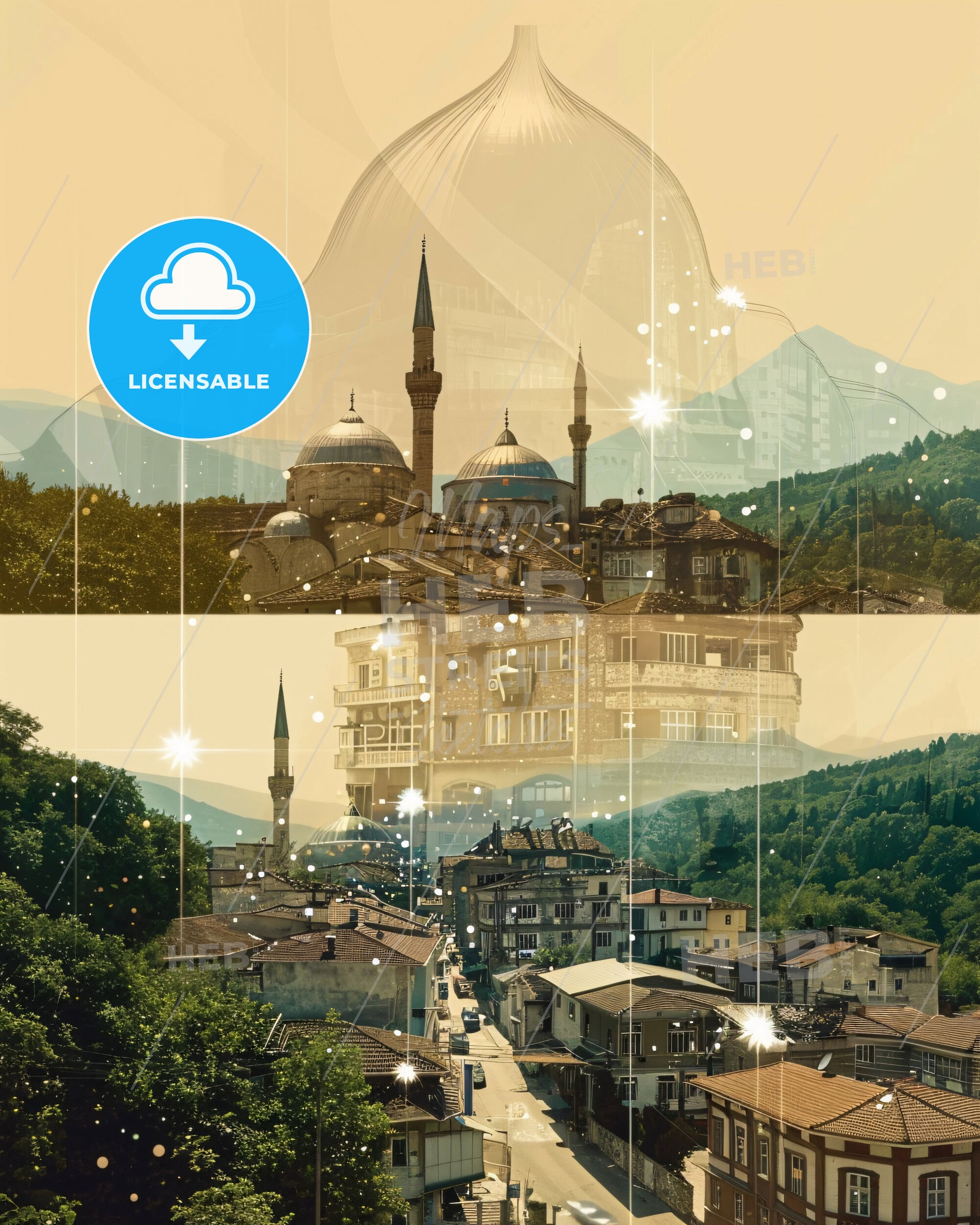 Ferizaj Uroševac Cityscape Skyline Double Exposure Art - A collage of buildings and trees